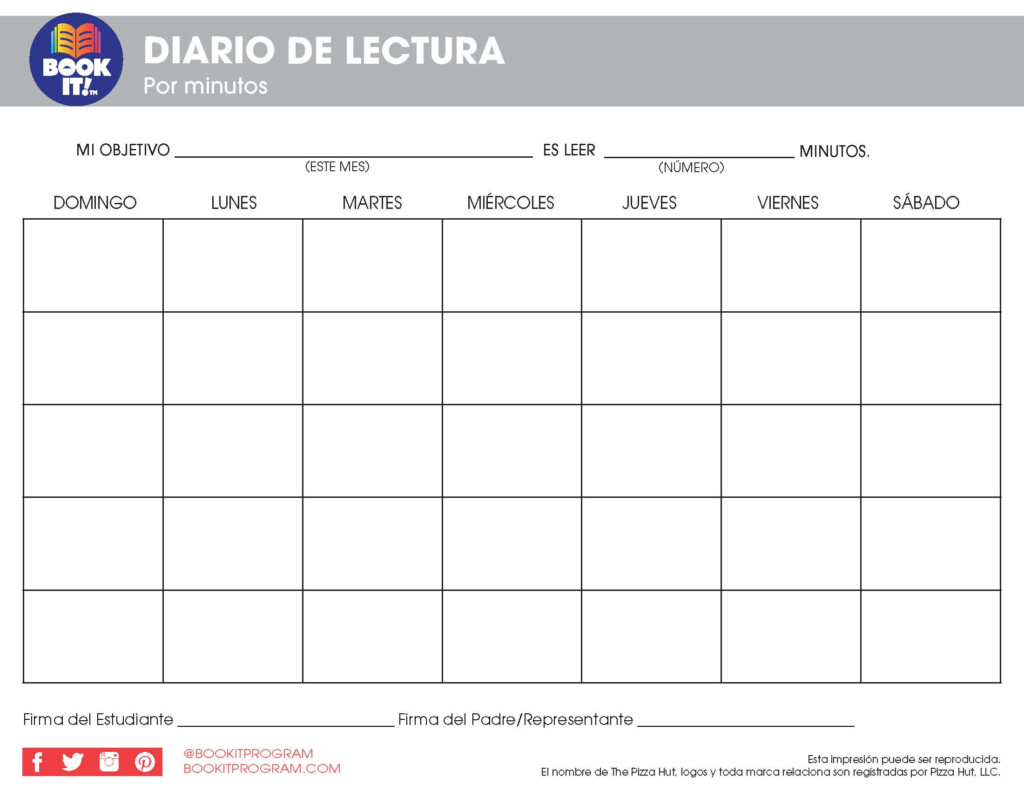 Blank Monthly Reading Log Spanish The Pizza Hut BOOK IT Program