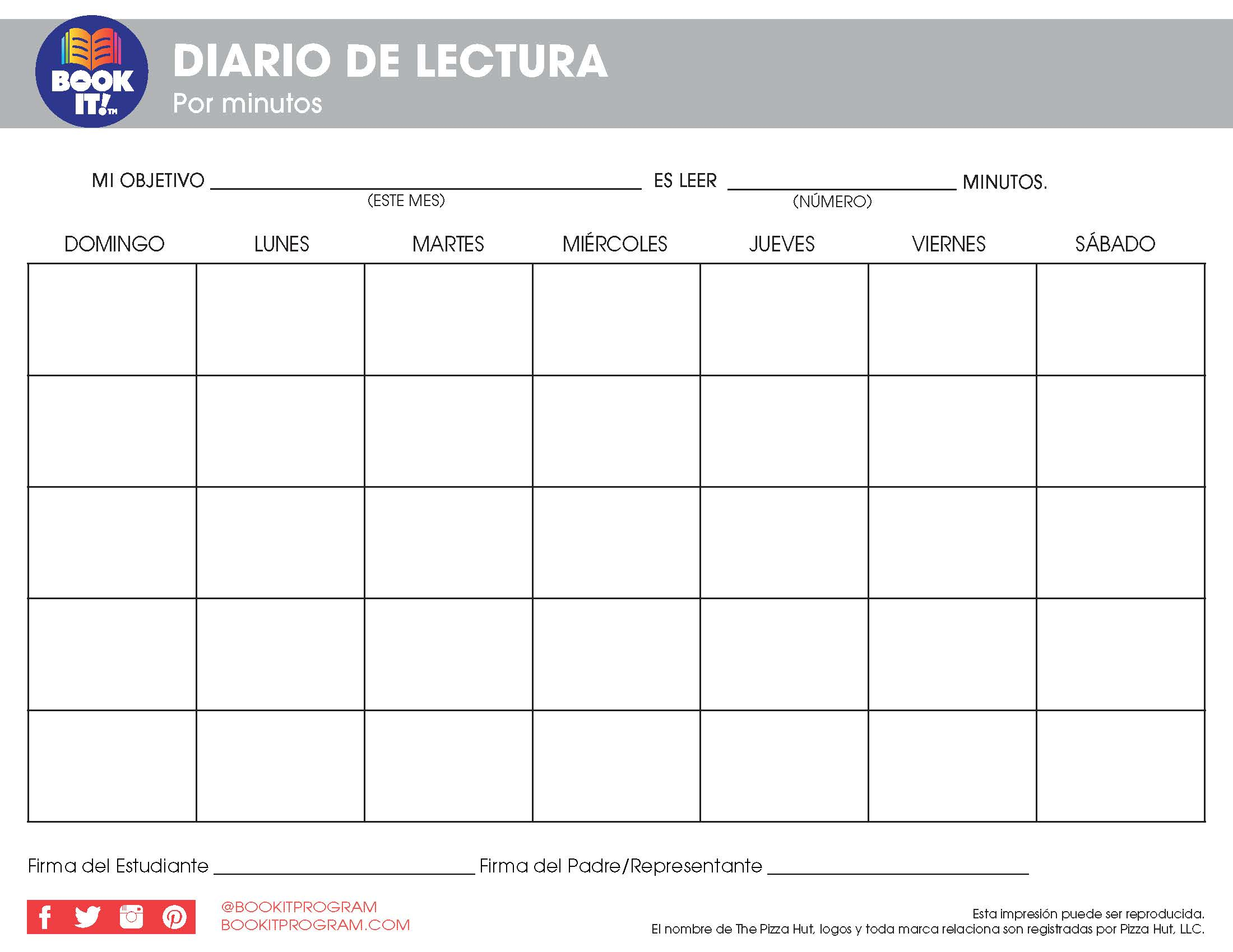 Blank Monthly Reading Log Spanish The Pizza Hut BOOK IT Program Blank Monthly Reading Log Spanish The Pizza Hut BOOK IT Program
