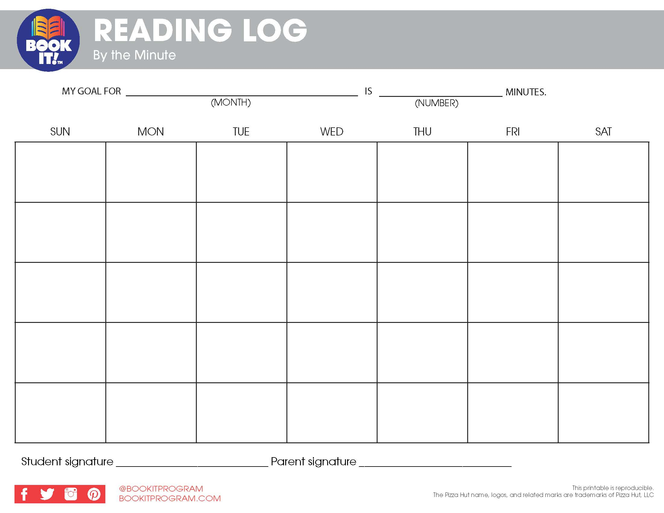 Blank Monthly Reading Log The Pizza Hut BOOK IT Program Blank Monthly Reading Log The Pizza Hut BOOK IT Program