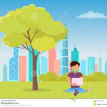 Man Sitting Under Tree And Reading Book In Park Stock Vector