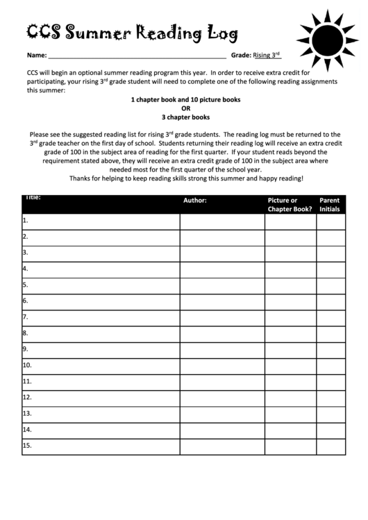 Rising 3rd Grade Ccs Summer Reading Log Printable Pdf Download