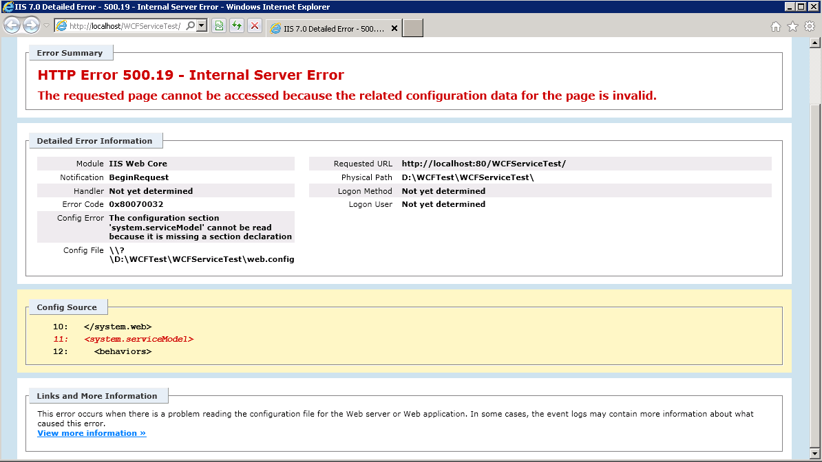 WCF IIS HTTP Error 500 19 Internal Server Error Code 0x80070032 WCF IIS HTTP Error 500 19 Internal Server Error Code 0x80070032
