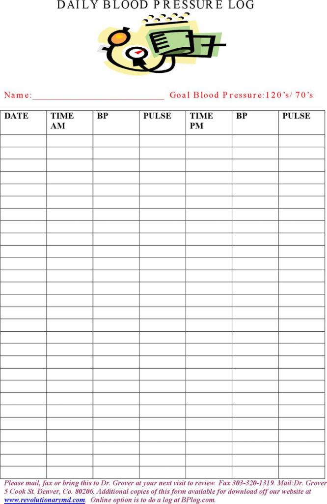 Free Daily Blood Pressure Log PDF 50KB 2 Page s 