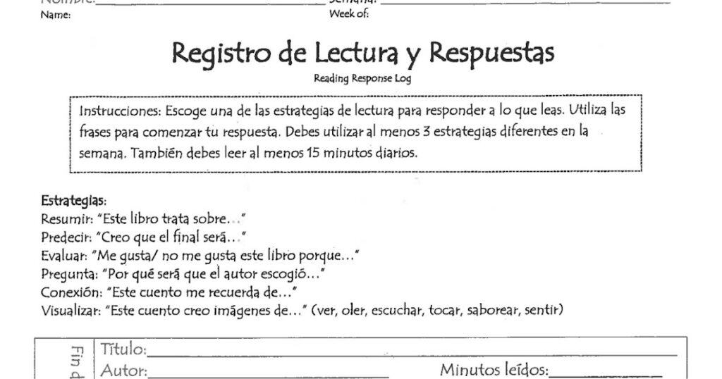 Jdablogs Reading Log 3rd Grade Spanish