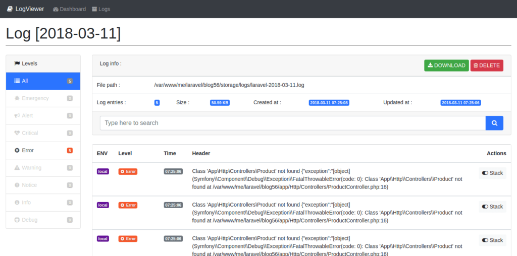 Laravel 5 6 Log Viewer Using LogViewer Package Example 