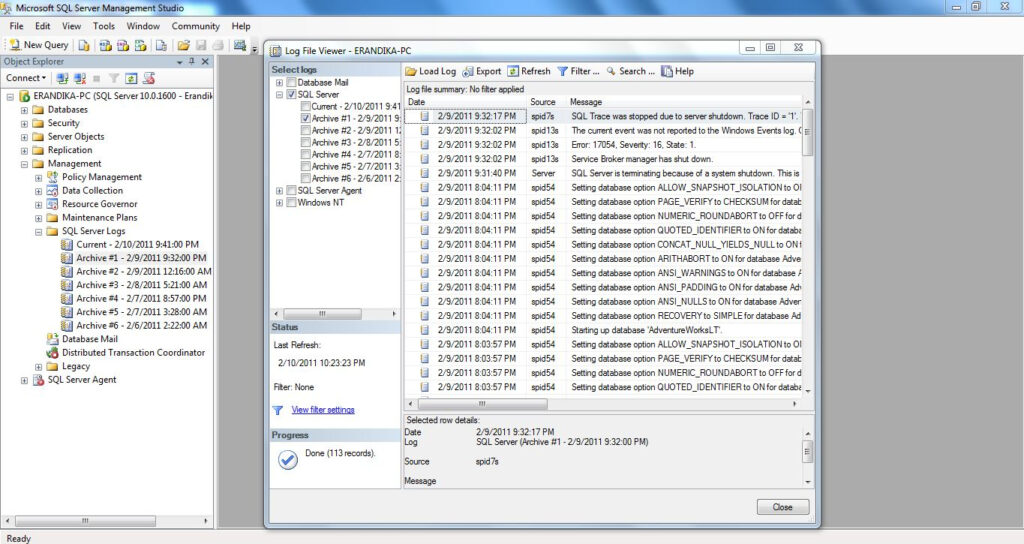Learning SQL Basics SQL Server 2008 Tools Log File Viewer